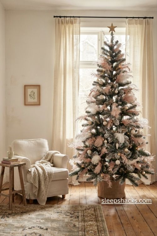 Light pink christmas tree with soft cream blush and white feather sprays and delicate vintage ornaments