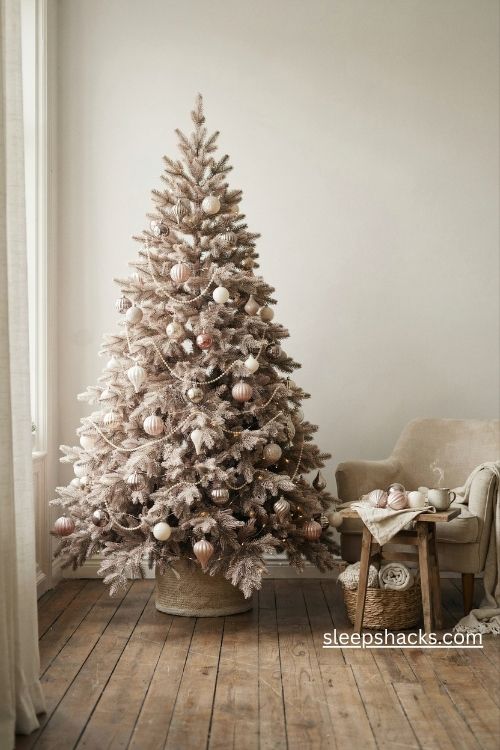 Light pink christmas tree with vintage glass baubles in pale pink silver and ivory