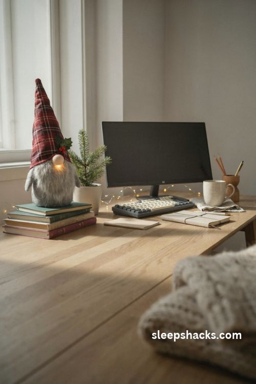 Light up Christmas gnome with a gray beard and red plaid hat on a cozy decorated office desk