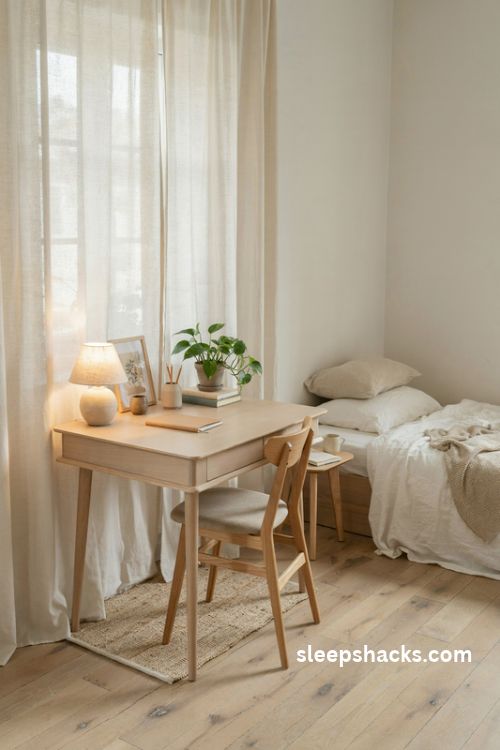 Light wood scandinavian desk ideas for a small bedroom with neutral decor