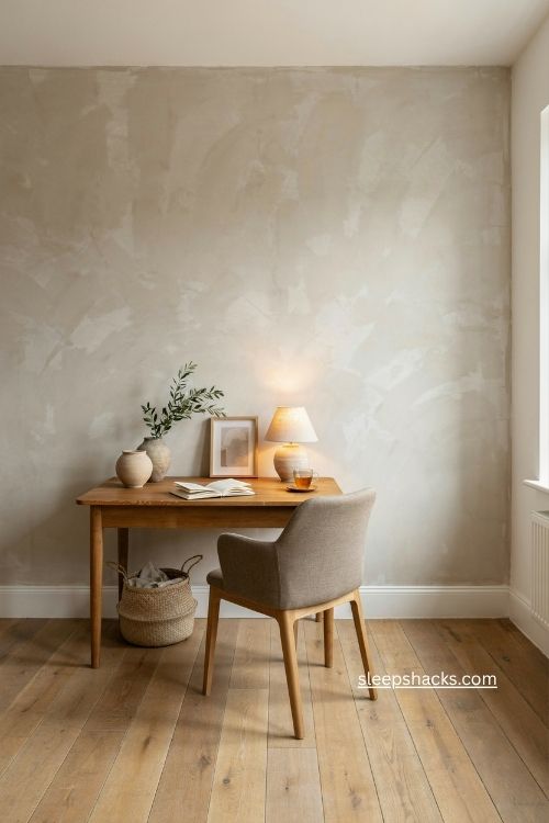Limewash statement wall in a warm cozy home office with natural wood desk
