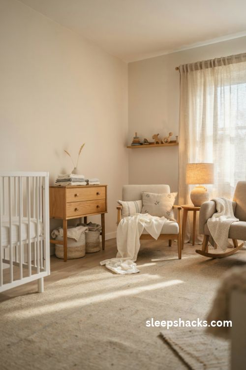 Linen and cotton nursery layers with soft cream textiles and natural wood decor
