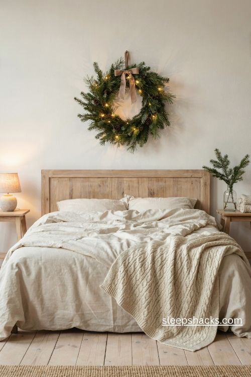 Lit christmas wreath above the bed with warm fairy lights and a soft ribbon in a cozy cottage bedroom