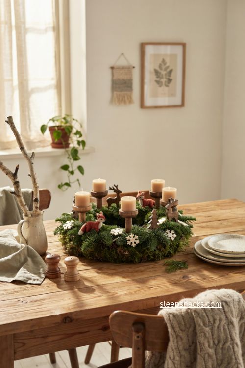 Little christmas trees and wooden toy animals advent wreath for kids