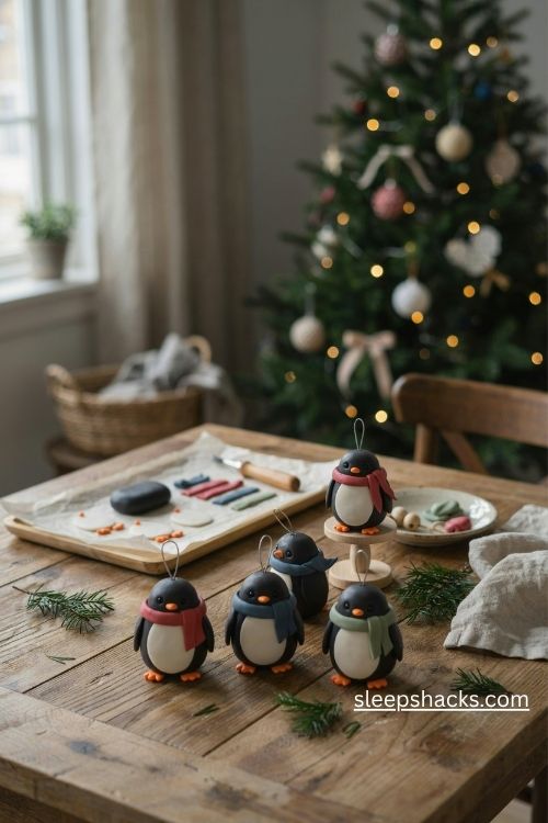 Little polymer clay penguin christmas ornaments with colorful scarves and tiny orange feet