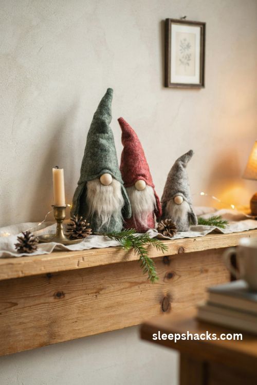 Little winter christmas gnomes with felt hats wool beards and wooden bead noses