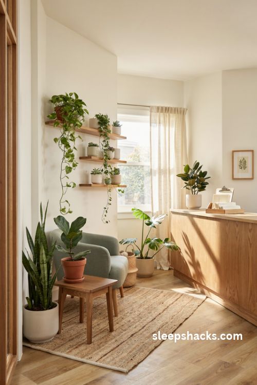 Live plants and greenery in a warm school office with ceramic pots and cozy visitor seating