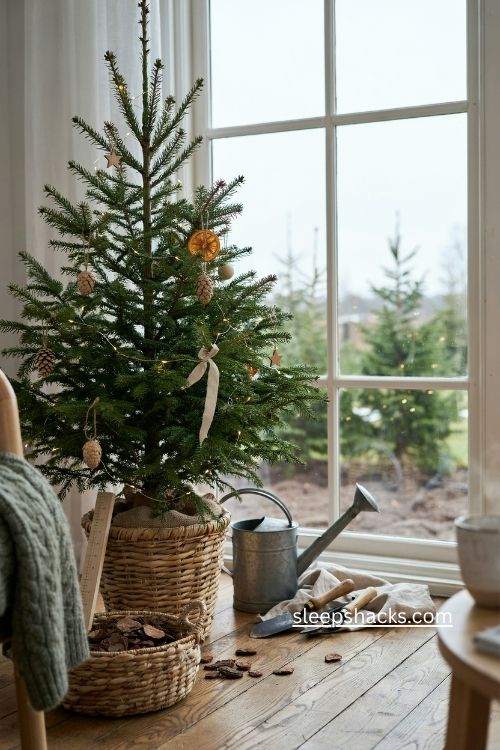 Living Christmas tree ready for spring planting with cozy farmhouse holiday decor