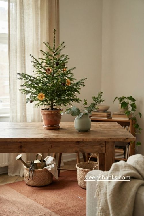 Living potted Christmas tree with soft lights and natural cozy sustainable holiday decor