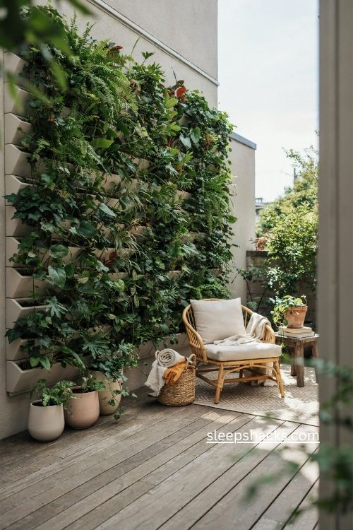 Living wall enclosed patio ideas with lush greenery and cozy townhouse seating