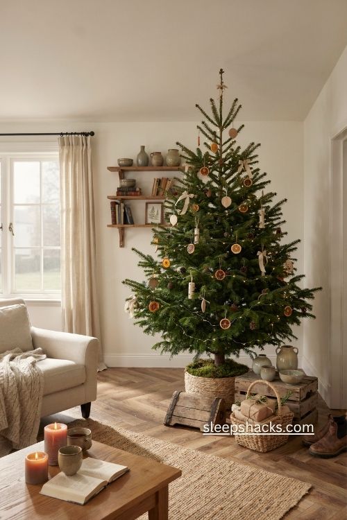 Locally grown organic Christmas tree with natural farmhouse decorations and cozy holiday charm