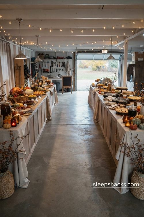 Long thanksgiving garage dining table with burgundy runner mini pumpkins candlelight and rustic farmhouse decor