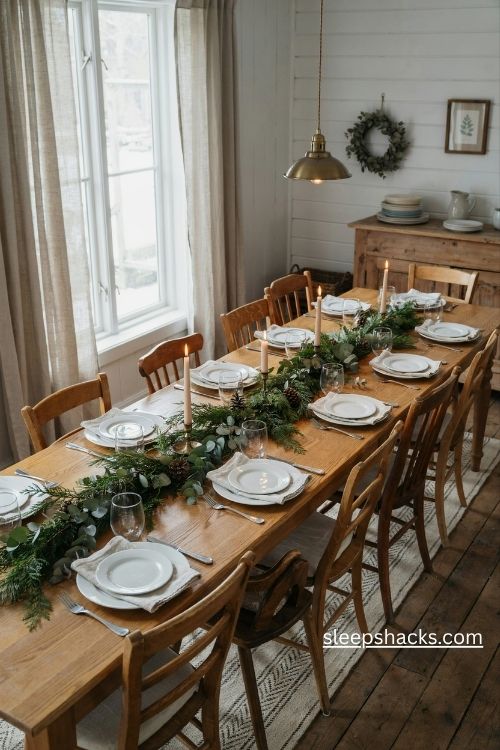 Loose fresh greenery garland down the center of a simple christmas dinner table