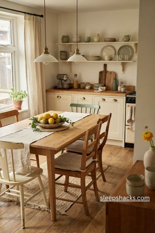Low seasonal kitchen table centerpiece with lemons greenery and a rustic wooden bowl