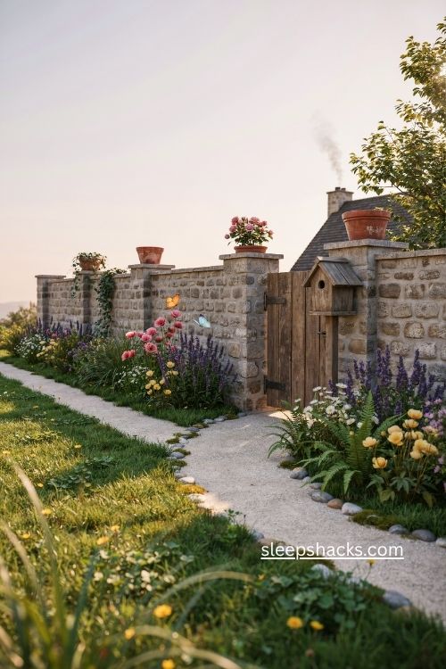 Low wall border Minecraft garden ideas with flowers and gravel
