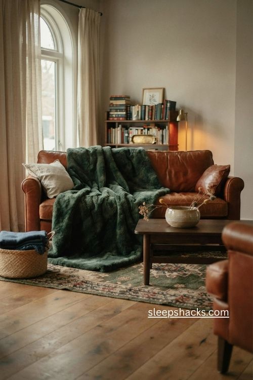 Luxe forest green faux fur blanket on leather sofa elegant fall decor