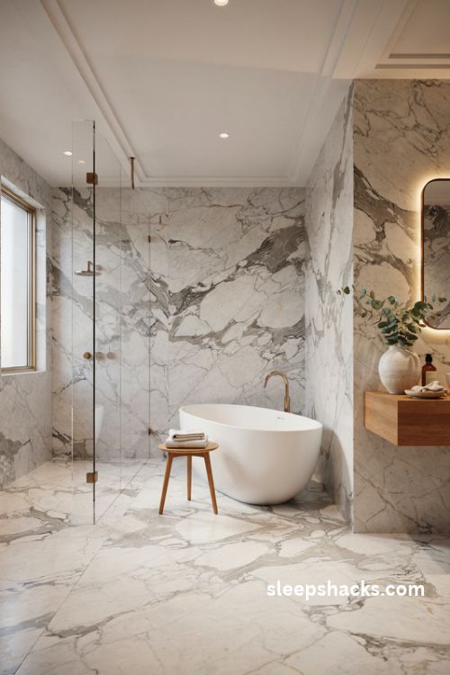 Luxury bathroom with marble walls and floors white stone veining and elegant brass fixtures
