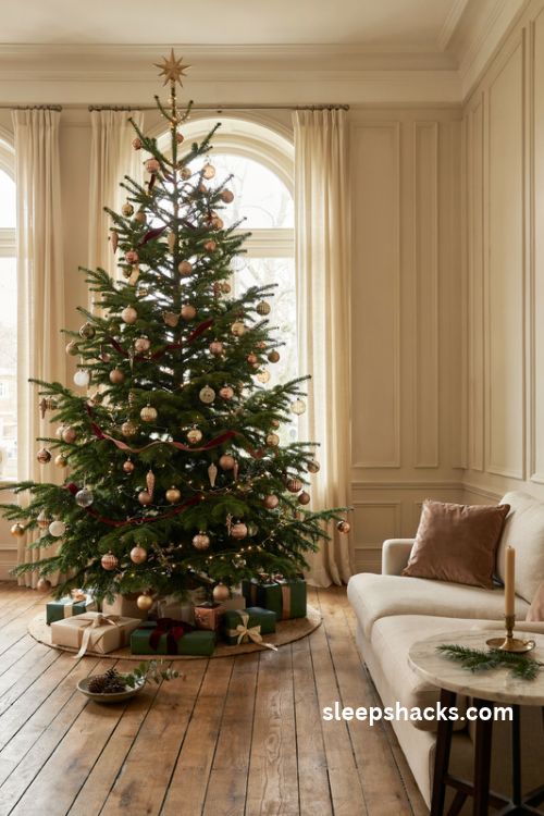 Luxury christmas tree with elegant gold ornaments velvet ribbons and warm white lights