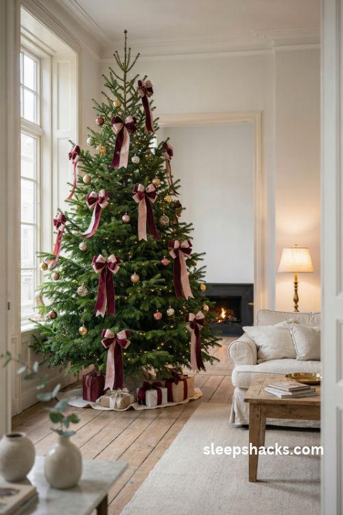 Luxury christmas tree with oversized burgundy velvet bows satin ribbon tails and elegant gold ornaments