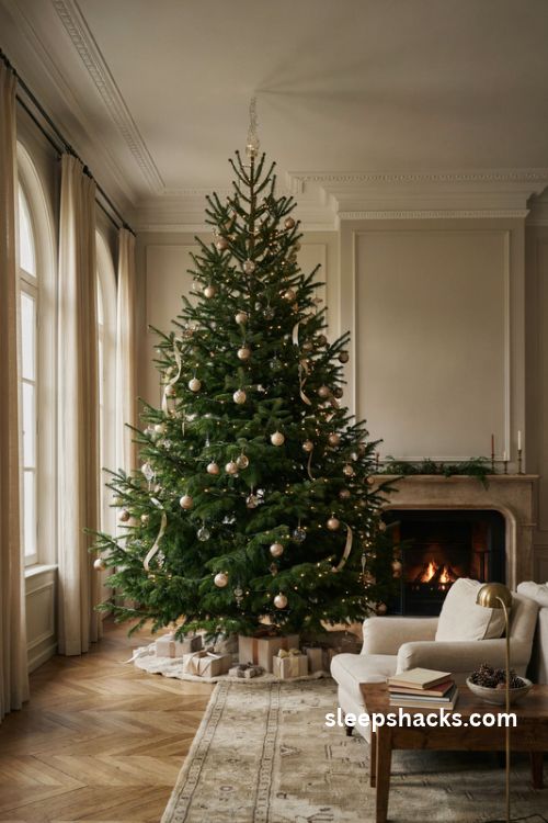 Luxury christmas tree with sculptural crystal finial topper champagne gold ornaments and elegant warm white lights