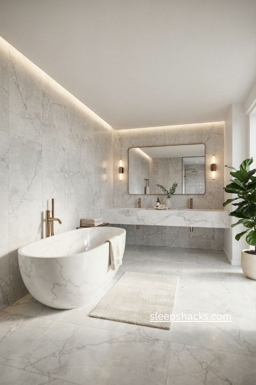 Luxury marble Bloxburg bathroom ideas with gold accents and statement tub