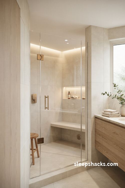 Luxury steam shower with enclosed glass doors built in porcelain bench and warm spa lighting