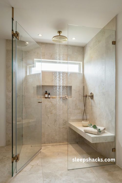 Luxury walk in rain shower with frameless glass stone tiles built in bench and rainfall fixtures