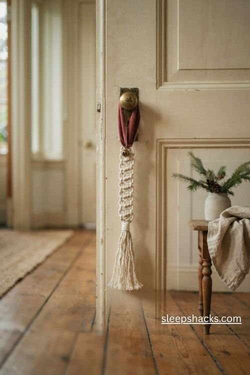 Macrame Christmas door knob hanger with spiral knots cotton fringe velvet ribbon and a tiny jingle bell