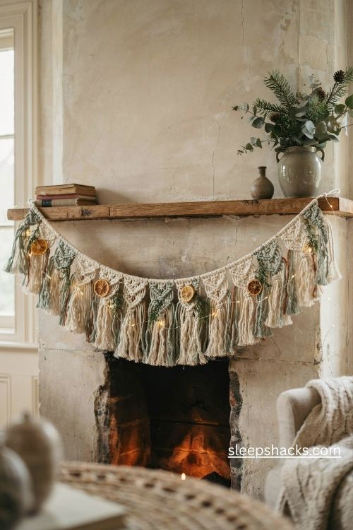 Macrame Christmas fringe garland in cream and sage draped across a rustic cottage fireplace mantel