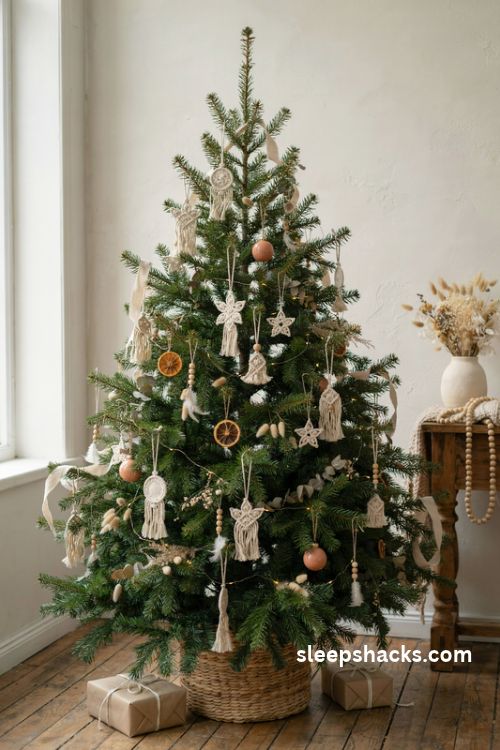 Macrame Christmas ornaments with wooden beads and natural boho tree decor