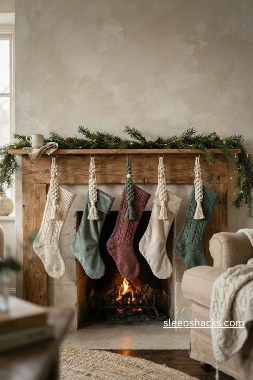 Macrame Christmas stocking hangers with cotton tassels wooden beads and cozy farmhouse mantel decor