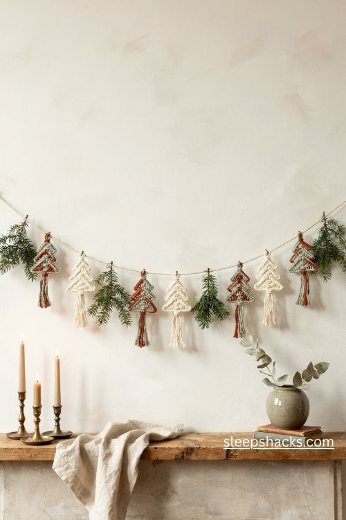Macrame Christmas tree garland in cream sage and rust hanging across a cozy rustic mantel