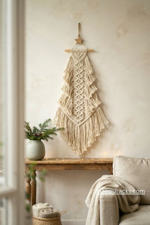 Macrame Christmas tree wall hanging with fluffy cotton fringe and a wooden star in a cozy cottage living room