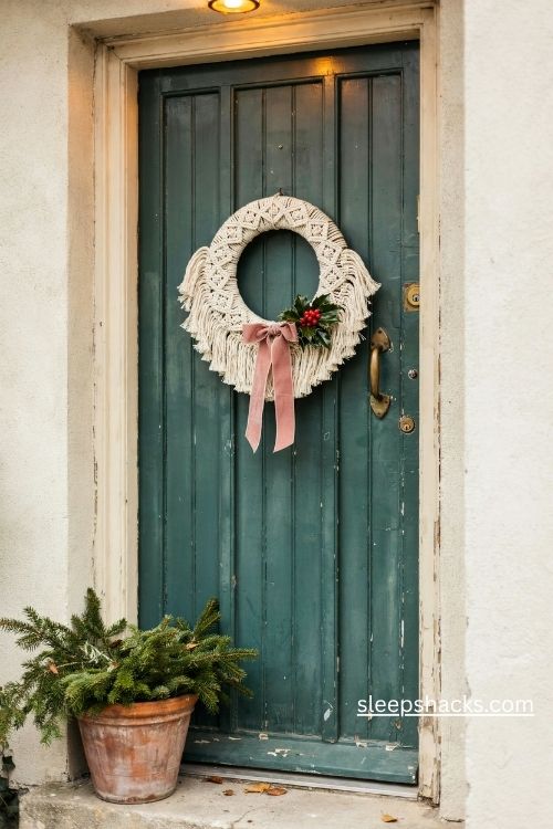Macrame Christmas wreath with cream fringe velvet bow and holly on a dark green cottage front door