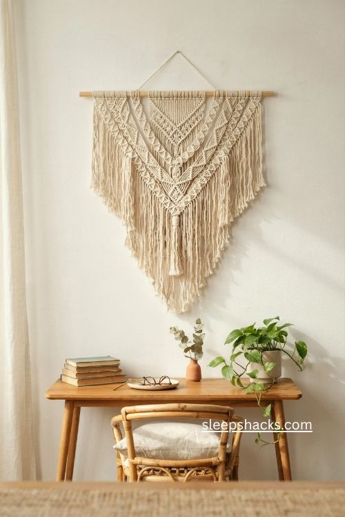 Macrame boho office decor with a cozy cream wall hanging