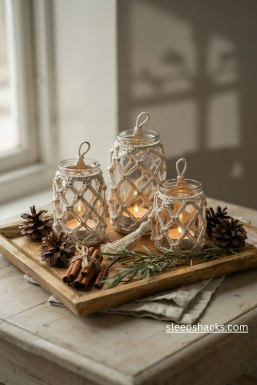 Macrame candle jar wraps with cream cotton knots warm battery candlelight pinecones and cinnamon sticks