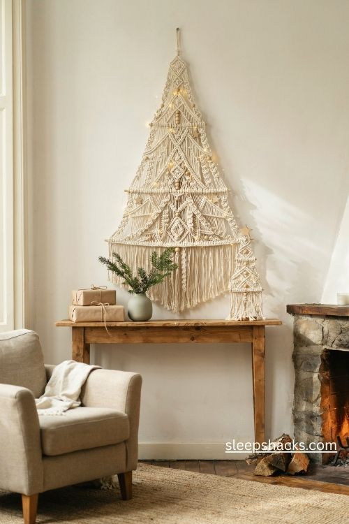 Macrame christmas tree wall hanging with natural cotton cord and cozy rustic holiday decor