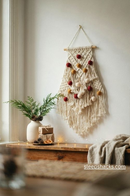 Macrame christmas tree wall hanging with tiny red gold and cream pom pom ornaments