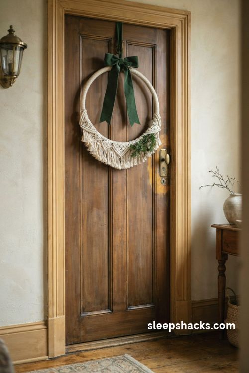 Macrame christmas wreath hanging from a forest green velvet ribbon on a rustic wooden door