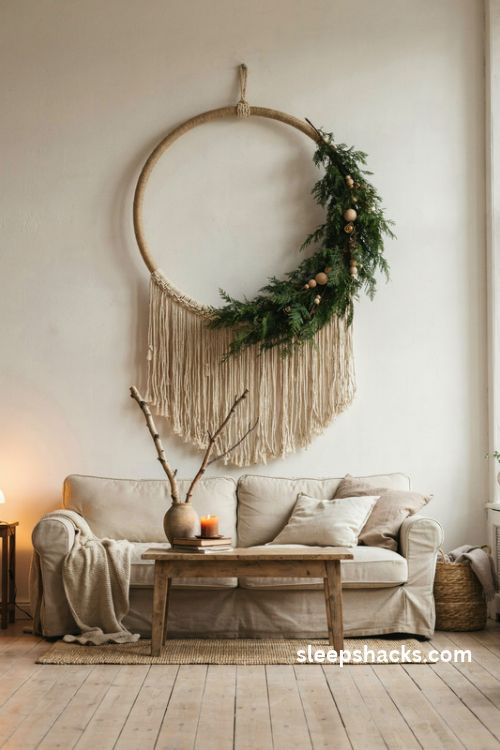 Macrame christmas wreath wall hanging with long cream fringe natural wood dowel and evergreen