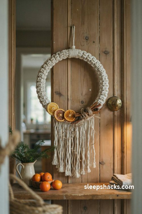 Macrame christmas wreath with dried orange slices cinnamon sticks and cream cotton rope