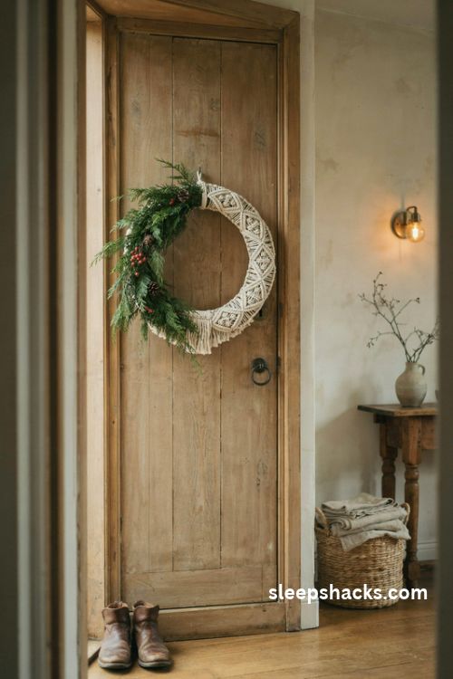Macrame christmas wreath with evergreen sprigs pinecones and natural cotton rope