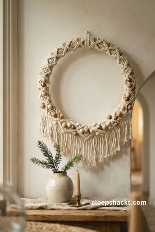 Macrame christmas wreath with gold wooden and cream ceramic bead accents