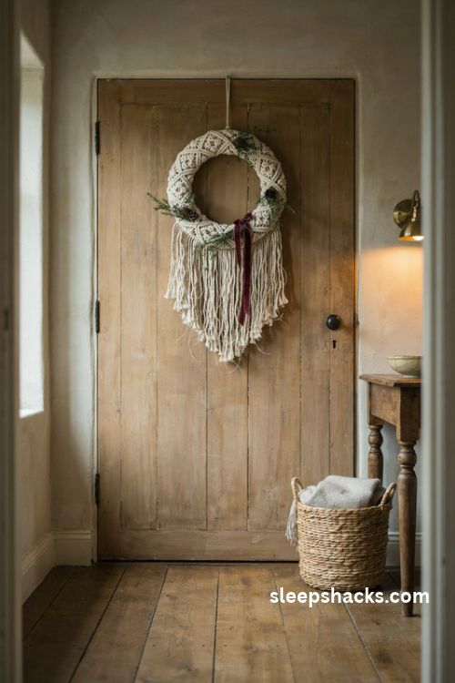 Macrame christmas wreath with ivory cotton rope and rustic cottage door decor 