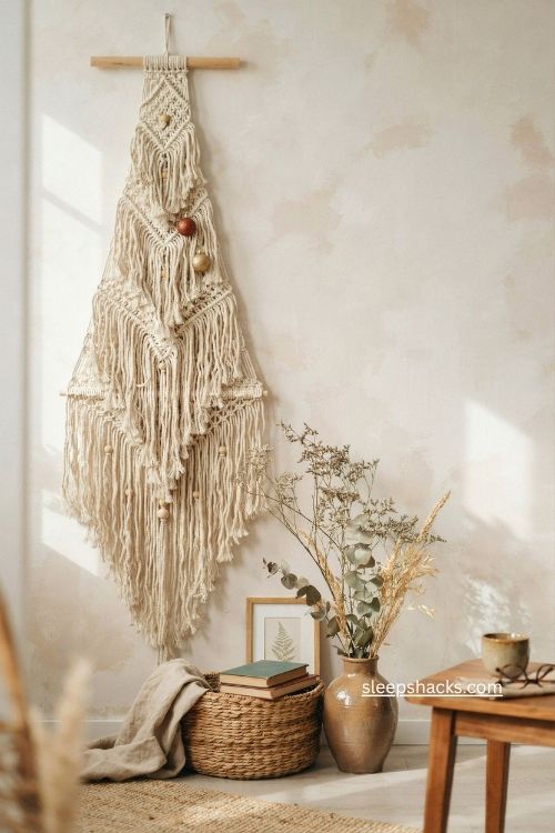 Macramé wall hanging christmas tree with cozy yarn and wooden beads 