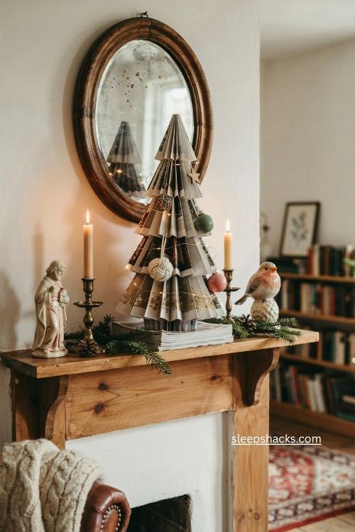 Magazine christmas tree with gold glitter lights on a vintage holiday mantel