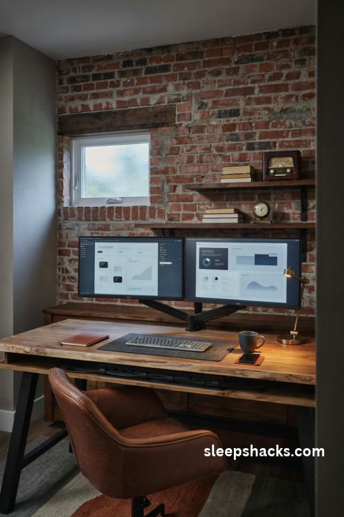 Man cave office dual monitor command center with walnut desk mechanical keyboard and clean cable management