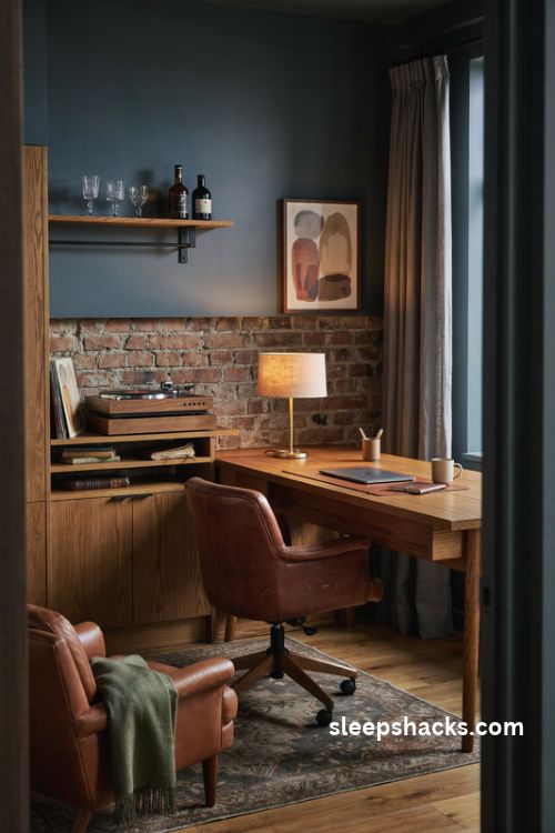 Man cave office ideas with dark walls leather chair warm lighting and rustic wood desk