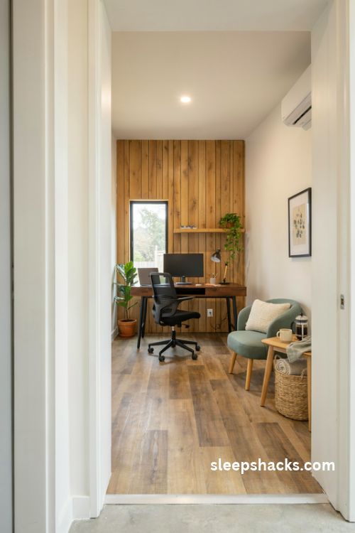 Man cave office in a converted backyard shed with warm wood flooring and a cozy coffee corner