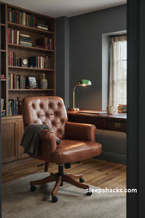 Man cave office with a cognac leather executive chair tufted upholstery and ergonomic comfort